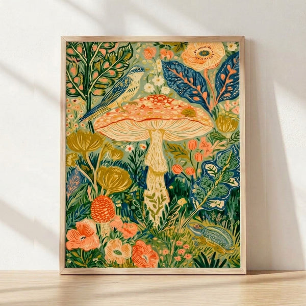 Whimsical botanical art print featuring mushrooms, a bird, and delicate flora in sage green, coral, and navy tones with an Art Nouveau aesthetic, framed on a wall.