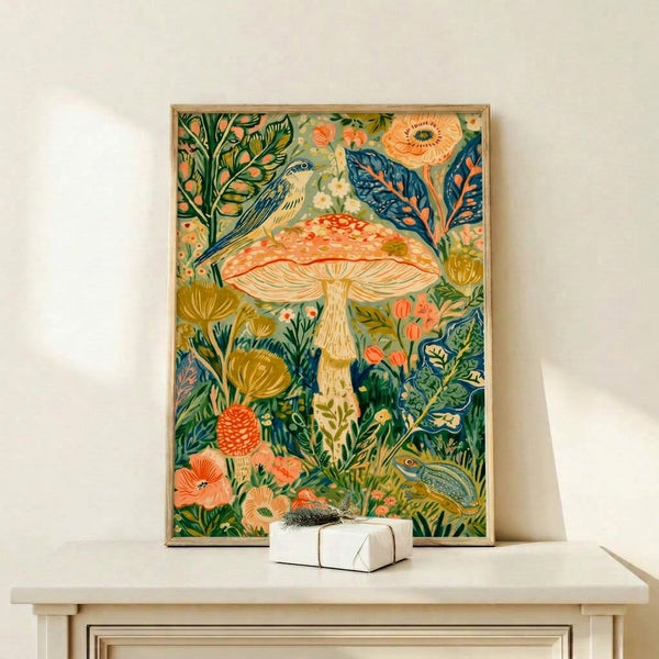 Enchanted cottagecore poster blending mushrooms, flowering plants, and wildlife in soft ochre and cream hues with naturalistic, peaceful boho styling.