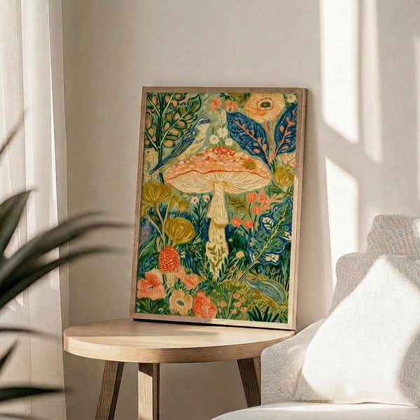 Framed nature-inspired wall art showcasing toadstools, botanical elements, and a bird in muted sage and coral tones with ethereal Art Nouveau design.