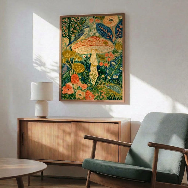 Peaceful botanical garden print capturing whimsical mushrooms and flora in navy, cream, and ochre palette with boho charm and cottagecore sensibility.