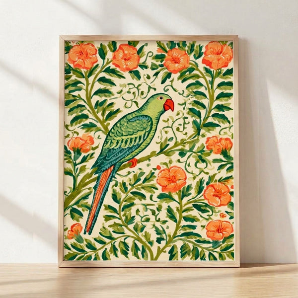 Art Nouveau style framed poster featuring a ornamental parrot perched among coral flowers, sage green leaves, and flowing vines in cream, teal, and olive tones.