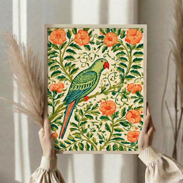 Vintage botanical wall art print with an elegant parrot surrounded by lush florals and leafy tendrils in a whimsical Art Nouveau composition.
