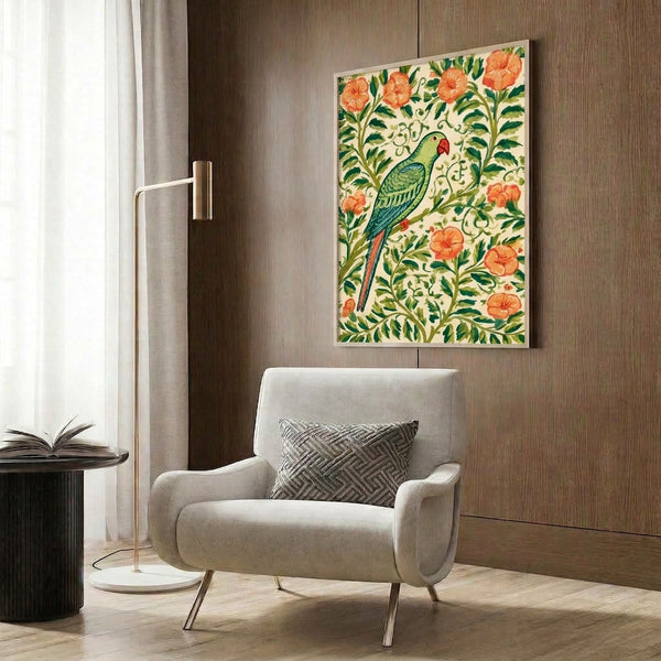 Boho wall art poster displaying a decorative parrot nestled within coral blossoms and intertwining botanical elements in warm cream and cool sage green hues.