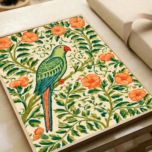 Framed Art Nouveau print showcasing a graceful parrot amid ornamental flowers and curving foliage in a palette of cream, deep teal, and olive tones.