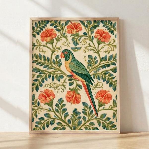 Art Nouveau style framed poster featuring an elegant parrot perched among hibiscus flowers and curling vines in cream, coral-orange, forest-green, and teal tones.