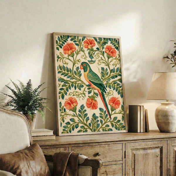 Vintage botanical art print with ornamental parrot and flowering plants in warm gold-ochre and cool jewel-tone palette, serene nature-inspired design.