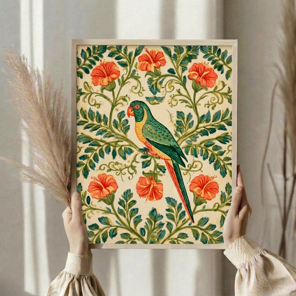 Framed Art Nouveau watercolor-style poster of a parrot surrounded by lush hibiscus blooms and decorative foliage in cream and vibrant coral hues.