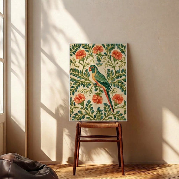 Cottagecore botanical wall art featuring an elegant parrot amid flowering vines and leaves in muted forest-green, teal, and warm metallic accents.