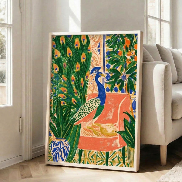Boho-modern poster art featuring a peacock seated in a coral chair with botanical elements and warm yellows against deep green and cobalt blue hues.