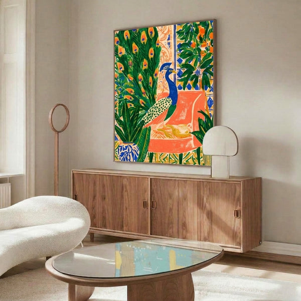 Vibrant botanical illustration of a peacock on an ornate coral armchair, surrounded by a potted plant and teacup in elegant Art Nouveau style.