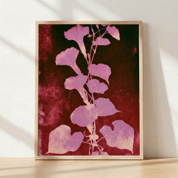 Art Nouveau botanical poster with delicate leaf silhouettes in mauve pink, burgundy, and forest green against a cream background, evoking vintage elegance and contemplative nostalgia.
