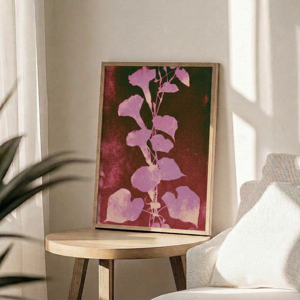 Framed boho botanical print featuring graceful foliage stems rendered in muted jewel tones including deep burgundy and sage green, styled in a nostalgic Art Nouveau aesthetic.