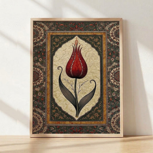 Framed Art Nouveau poster featuring an ornamental deep red tulip with forest green leaves and gold accents on cream background, evoking elegant Ottoman manuscript illumination.