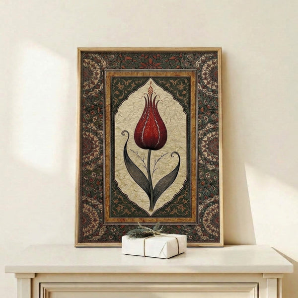 Elegant botanical art print in vintage style showcasing a richly detailed tulip rendered in deep red and gold with forest green foliage against a cream backdrop.