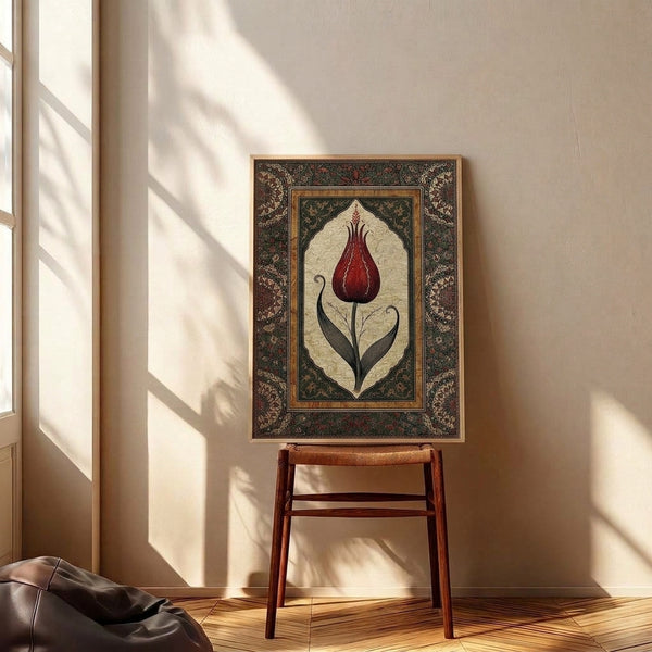 Ornamental tulip artwork in Art Nouveau style with refined botanical details in deep red, gold, and forest green tones on a cream field, displayed as a framed wall print.