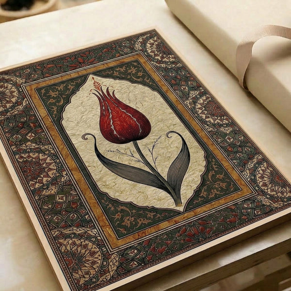 Vintage-inspired poster presenting an intricately decorated tulip flower with luxurious gold embellishments and deep red petals, forest green leaves, on cream, reflecting Ottoman manuscript elegance.