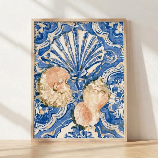 Framed watercolor poster featuring an elegant Art Nouveau seashell and floral design in cobalt blue, cream, and blush pink tones with gold accents.