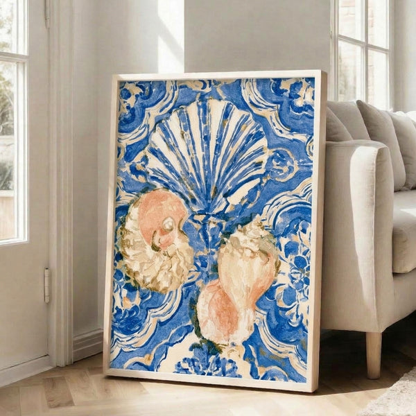 Vintage-style art print displaying an ornate Chinoiserie seashell composition with delicate florals in sophisticated blue, sage, and cream hues.