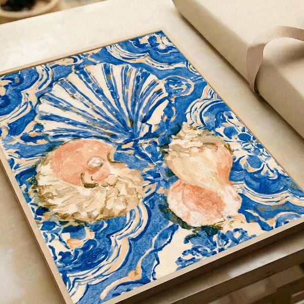 Art Nouveau wall art depicting an elegant seashell surrounded by ornamental flora rendered in ethereal watercolor with cobalt blue, cream, and blush tones.
