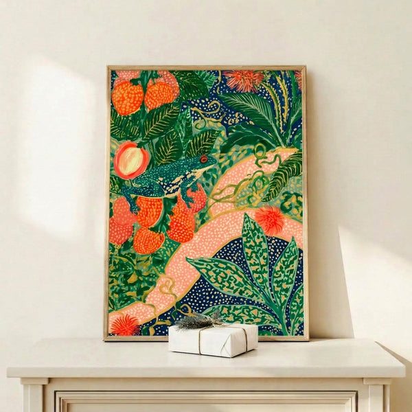Boho-style nature artwork showcasing a lizard nestled in a lush garden of strawberries and ornate foliage in warm coral and deep forest green with navy blue accents.
