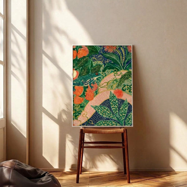 Framed poster with whimsical botanical composition in Art Nouveau style: stylized frog surrounded by strawberry vines, flowering plants, and decorative leaves in rich coral, green, and gold palette.