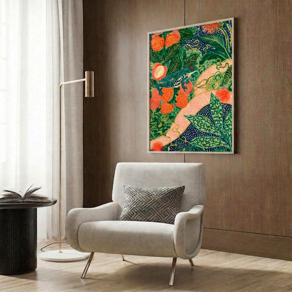 Naturalistic boho print depicting an ornate strawberry garden scene with a curious frog, blooms, and layered ferns in coral orange, cream, and deep forest green tones, displayed as wall art.