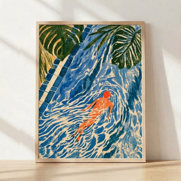 Art Nouveau style framed poster featuring an elegant swimmer in a cerulean blue pool surrounded by tropical palm fronds, rendered in cream, forest green, and coral tones with golden accents for a relaxing, vintage coastal aesthetic.