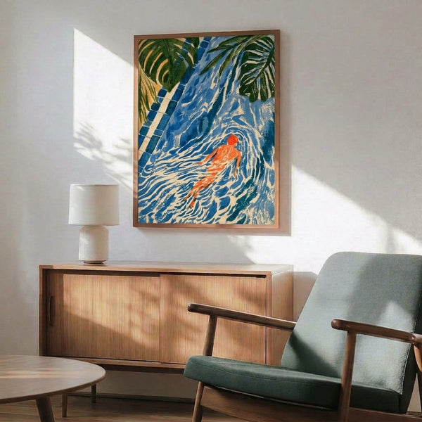 Elegant Art Nouveau wall art print of a poolside swimmer surrounded by stylized palms in cool blues and warm golden ochre, capturing a tranquil vintage aquatic escapism with refined vintage charm.