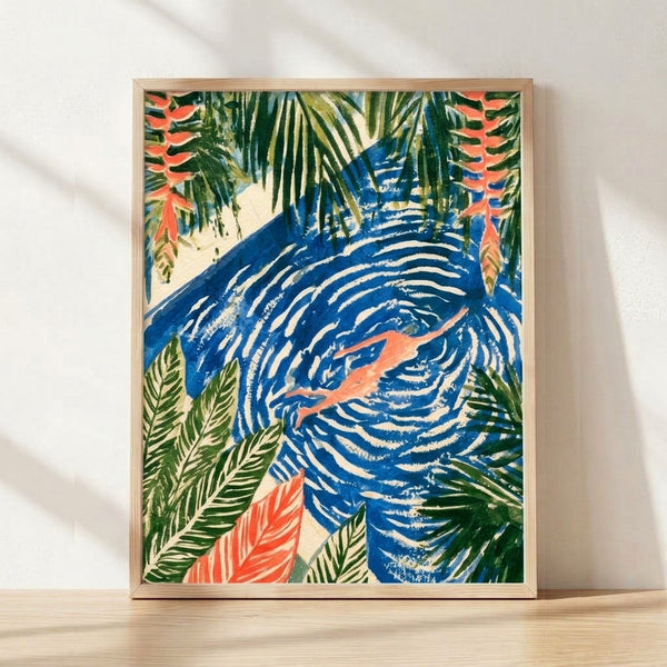 Art Nouveau framed poster featuring a serene swimmer surrounded by tropical palm leaves and swimming fish in cobalt blue water, rendered in elegant vintage boho style with coral red and forest green accents.