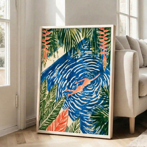 Vintage-inspired art print showing a graceful figure in tropical waters amid lush palm foliage and fish, executed in Art Nouveau style with a sophisticated palette of deep blue, coral, and forest green on cream background.