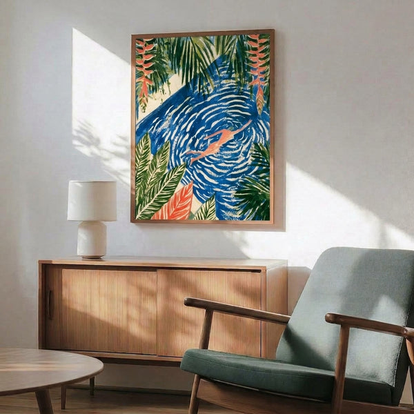 Serene tropical water scene framed as wall art depicting a swimmer among palm leaves and fish, designed in elegant Art Nouveau aesthetic with rich cobalt blue, coral red, and forest green hues.