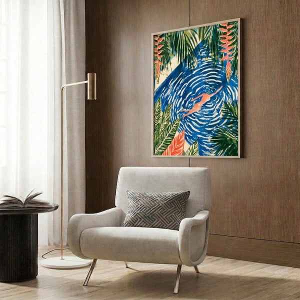 Boho wall art print in Art Nouveau style presenting a peaceful swimmer in palm-lined tropical waters with fish, featuring a sophisticated blend of deep blue, coral, and green tones on ivory ground.