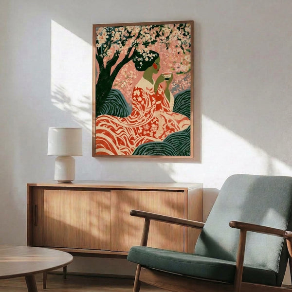 Japandi-style poster featuring a contemplative woman among flowering trees in a peaceful landscape, blending vintage aesthetics with coral red, teal blue, and muted earth tones.