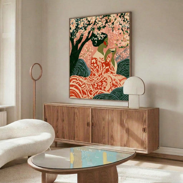 Vintage-inspired art print showing a graceful woman in an ornate dress under blooming cherry trees, combining chinoiserie elements with soft romantic color palette of pink and green.