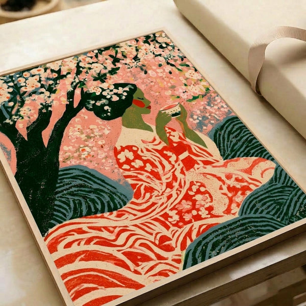 Peaceful wall art depicting a seated woman surrounded by delicate blossoms in a Japanese-influenced scene, featuring warm cream, dusty coral, and deep forest tones in vintage Japandi style.