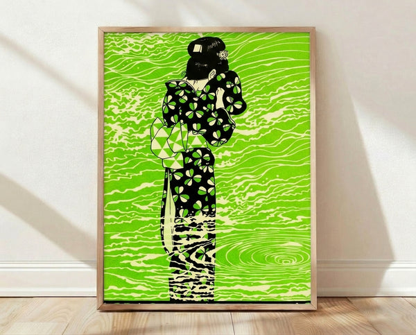 Art Nouveau poster featuring a woman in a flowing kimono with lime green and black ripple wave patterns, organic botanical elements, and a whimsical retro aesthetic framed on a wall.
