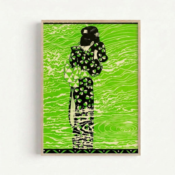 Vibrant retro art print of a woman wearing an ornate kimono decorated with green waves and folk art patterns, rendered in lime, cream, and black tones.
