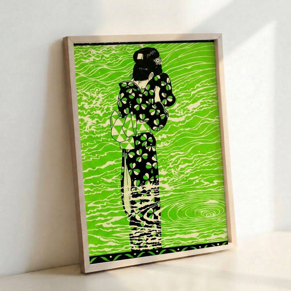 Framed poster showcasing a stylized woman in traditional kimono dress with organic wave motifs and floral details in bright lime green and black, Art Nouveau inspired.