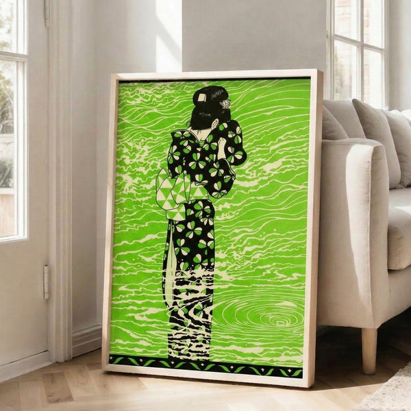 Whimsical wall art depicting a kimono-clad woman surrounded by flowing green ripple waves and botanical patterns in a retro folk art style.