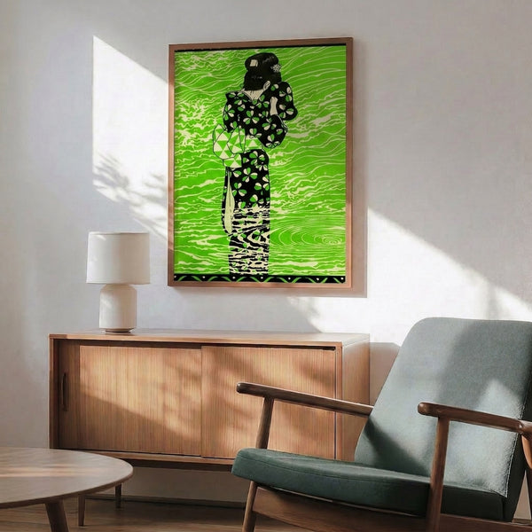 Japanese-inspired art print featuring a woman in an intricately patterned kimono with lime green and black wave designs, evoking Art Nouveau elegance.