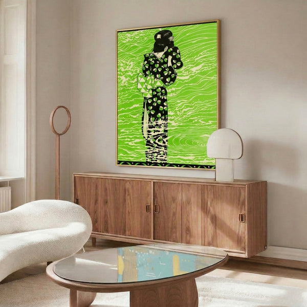 Retro framed poster of a woman in ornate kimono dress with organic rippling waves and folk motifs in vibrant lime green, black, and cream.