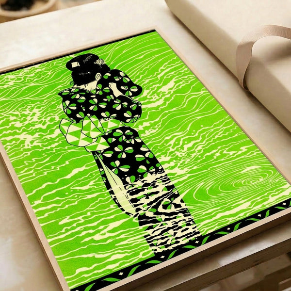 Vintage-style wall print presenting a serene woman in patterned kimono adorned with flowing green waves and nature-inspired elements in Art Nouveau design.