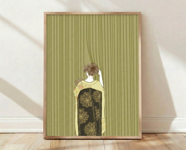 Elegant line art portrait of a woman in an ornate kimono with flowing fabric and floral motifs, rendered in Art Nouveau style with sage green, cream, and gold accents on a framed poster.