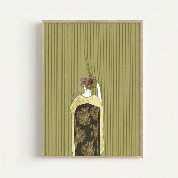 Serene Art Nouveau illustration featuring a contemplative woman draped in an intricately patterned robe adorned with roses and botanical details, displayed as a wall art print in muted sage and cream tones.