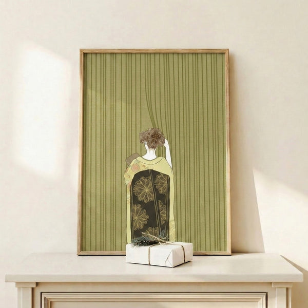 Minimalist Art Nouveau line art print depicting a poised woman wearing an elaborately patterned kimono with floral embellishments, framed wall decor in a sophisticated palette of sage, cream, and black.