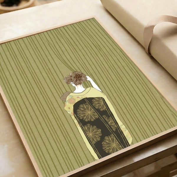 Graceful vintage line art composition of a woman adorned in a luxuriously patterned kimono embellished with flowers, wall art print featuring the refined aesthetic of Art Nouveau in muted jewel tones.