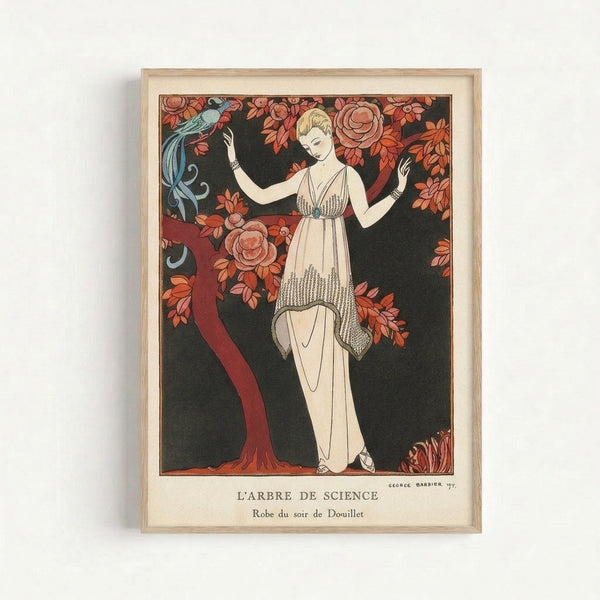 Vintage Art Nouveau print depicting a sophisticated woman in pale blue and coral garments gazing at a dreamlike tree of life adorned with blooms and a graceful bird.