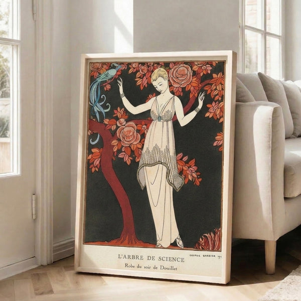 Sophisticated Art Nouveau wall art featuring a woman in flowing drapery beside a stylized botanical tree with intertwined flowers and a poised bird in jewel and earth tones.