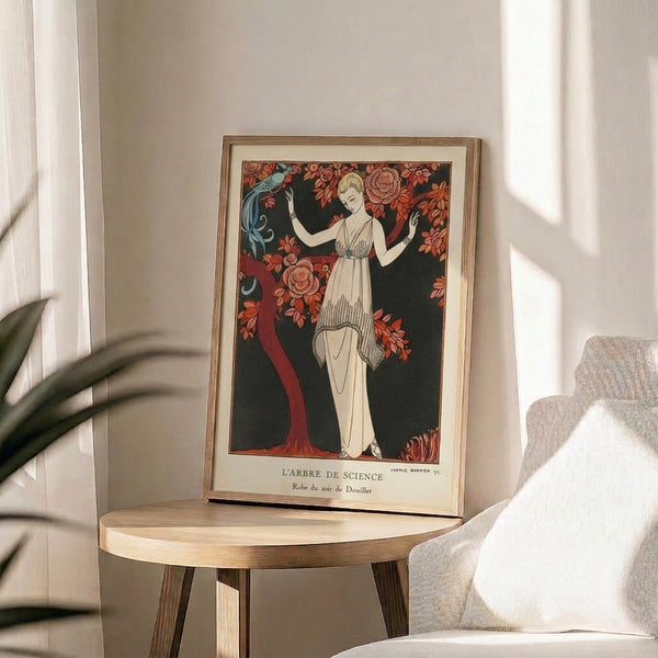 Elegant vintage Art Nouveau poster depicting an ethereal woman and a symbolic tree of knowledge adorned with blossoms and a bird, in cream, rust, and muted blue hues.