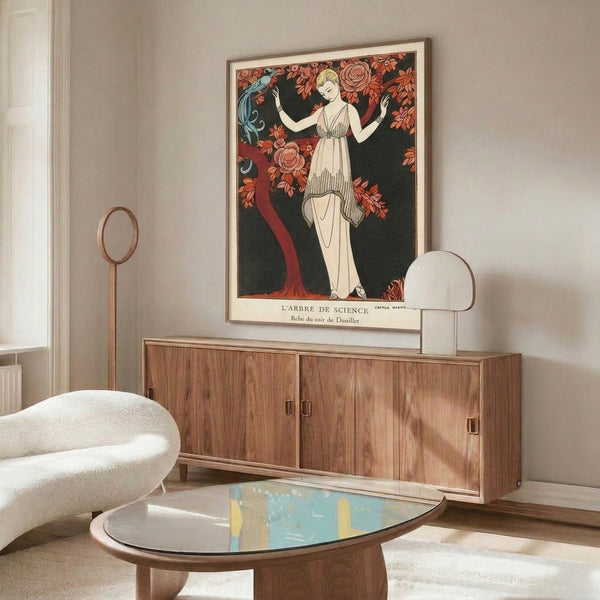 Dreamlike Art Nouveau framed print with a gracefully posed woman, ornamental tree laden with flowers, and bird in a sophisticated palette of black, coral, cream, and pale blue.